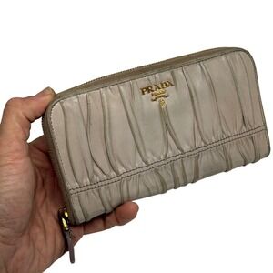 Prada Gaufre Nappa Leather Zip Around‎ Wallet Beige Gold Tone